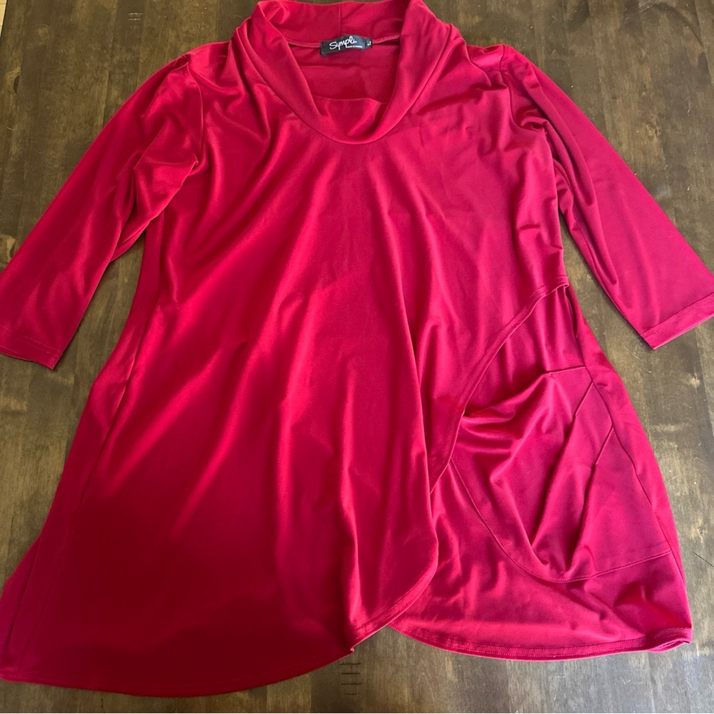 Sympli 12 Tunic Top Red Office Career Pocket Draped 3/4‎ Sleeves Travel